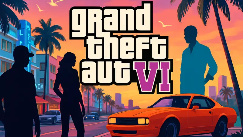 Бокс-арт Grand Theft Auto 6 с логотипом и элементами, характерными для серии, в стиле Майами.