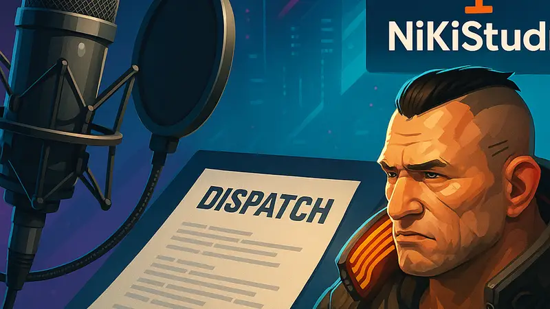 Русская озвучка игры Dispatch: микрофон, сценарий и логотип NiKiStudio с голосом Джеки из Cyberpunk 2077.
