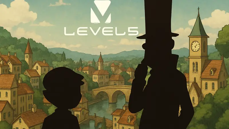 Логотип Level-5 с надписью "We Will Continue To Pay Close Attention" на фоне стилизованной игры Professor Layton.