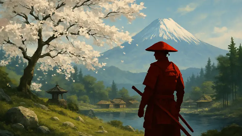 Скриншот из игры Ghost of Tsushima, демонстрирующий самурая в японском пейзаже с цветущей сакурой.