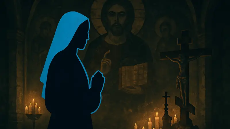 Обложка или скриншот игры Indika с изображением монахини на фоне тёмных религиозных мотивов.