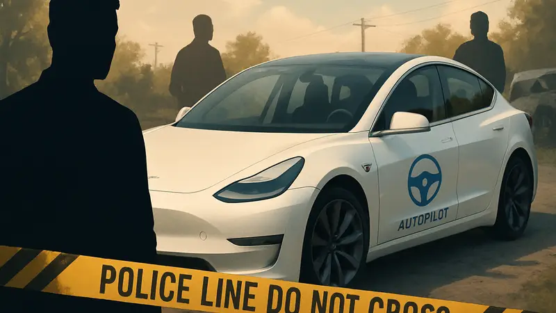 Автомобиль Tesla с логотипом Autopilot, на фоне полицейской ленты