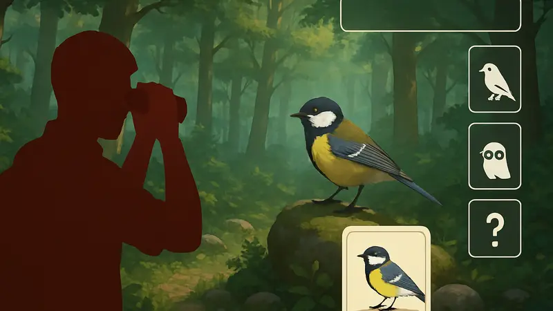 Игровой скриншот Flock Around с птицей в лесу и интерфейсом, напоминающим коллекционную игру
