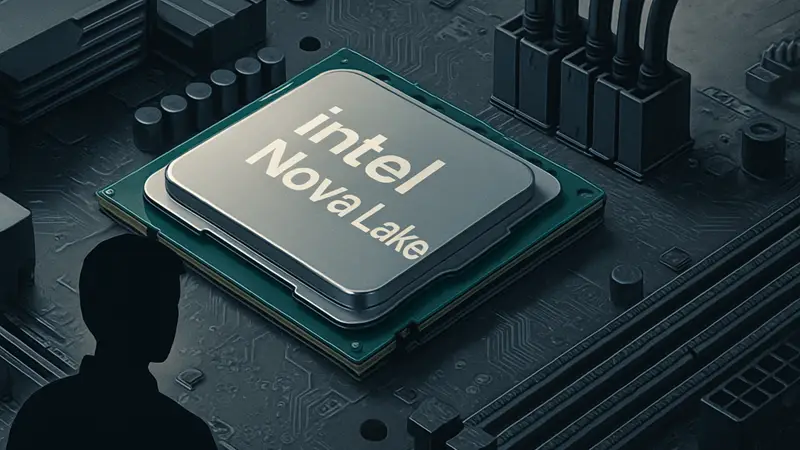 Изображение процессора Intel Nova Lake на материнской плате с тремя разъемами питания.