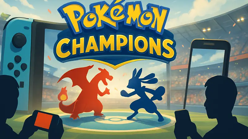 Логотип Pokémon Champions с изображением сражающихся покемонов на арене, фон в стиле Nintendo Switch и мобильных устройств.