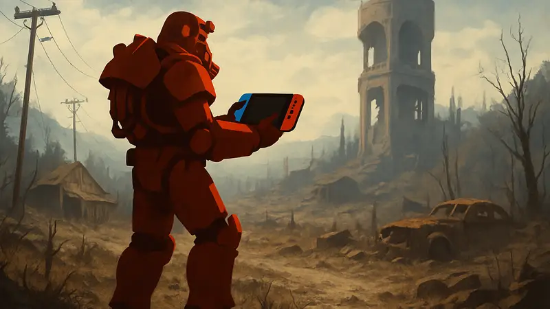 Главный герой Fallout 4 в силовой броне исследует Пустошь на Nintendo Switch 2.