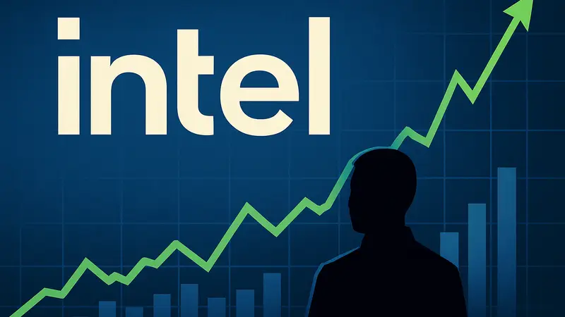 График роста акций Intel на фоне логотипа компании