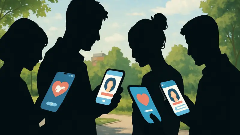 Группа друзей пользуется смартфонами, на экранах которых открыты приложения для знакомств.