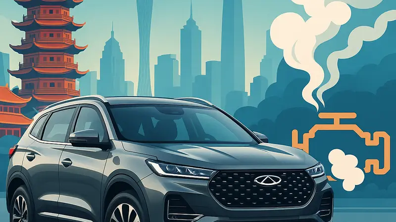 Кроссовер Chery Tiggo 7 на фоне китайского города, иллюстрация дефекта двигателя