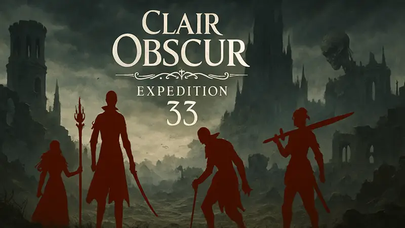 Логотип Clair Obscur: Expedition 33 на фоне фэнтезийных персонажей и мрачного пейзажа