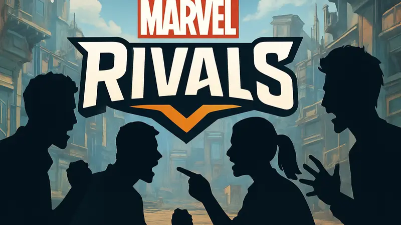 Логотип Marvel Rivals на фоне спорящих игроков