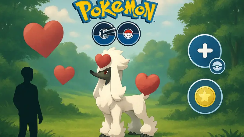 Скриншот Pokemon GO, демонстрирующий покемона Фурфру с причёской Heart Trim на фоне сердечек и бонусов