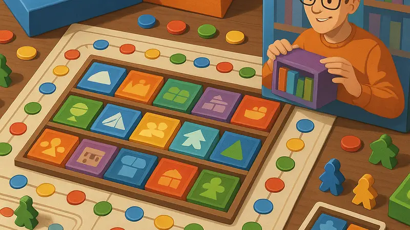 Изображение настольной игры «Настолки по полкам» с игровыми элементами и коробками