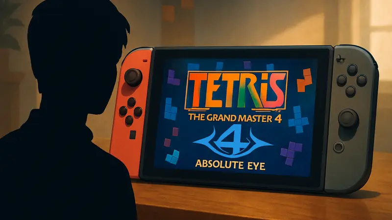 Логотип Tetris: The Grand Master 4 Absolute Eye на фоне Nintendo Switch