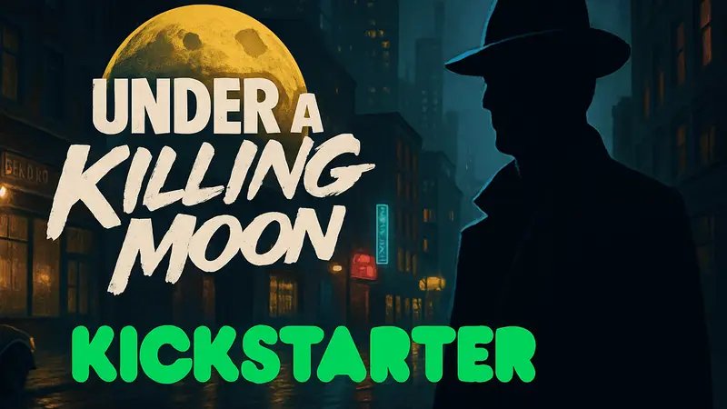 Логотип ремейка Under a Killing Moon, на фоне которого виден детектив Текс Мерфи. Kickstarter.