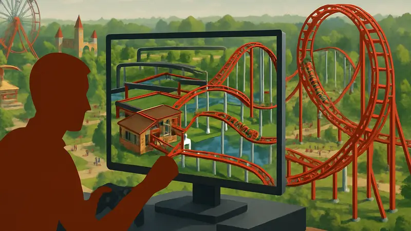 Игрок строит американские горки в RollerCoaster Tycoon Classic на фоне парка развлечений.