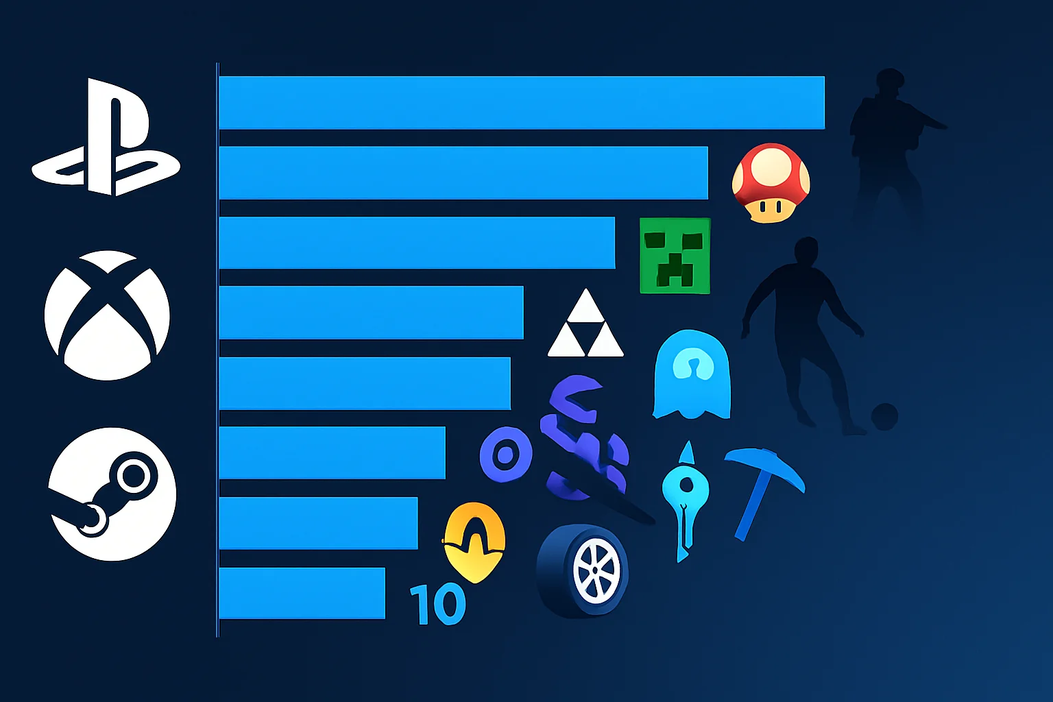 График топ 10 популярных игр в США за неделю, логотипы PlayStation, Xbox, Steam