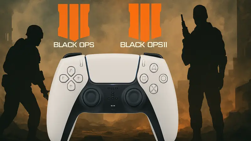 Игровой контроллер PS5 с логотипами Black Ops 1 и Black Ops 2 на фоне.