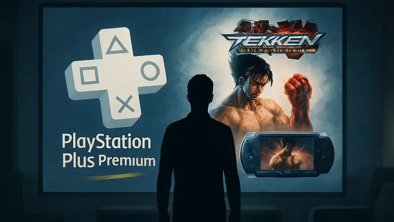 Логотип PS Plus Premium с игрой Tekken Dark Resurrection для PSP.