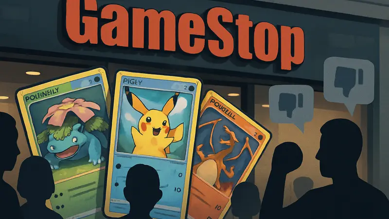 Карточки Pokemon TCG и логотип GameStop на фоне недовольных комментариев в социальных сетях.
