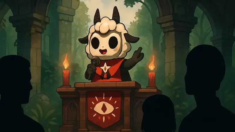 Арт с персонажем Cult of the Lamb, обсуждающим принципы разработчиков игры.