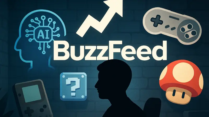 Изображение логотипа BuzzFeed с элементами, символизирующими ИИ и игры, возможно, с намёком на Nintendo.
