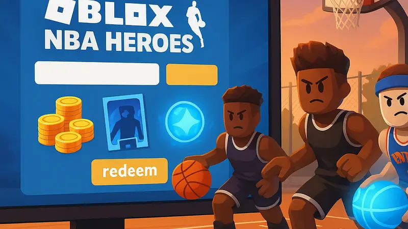 Экран игры Roblox NBA Heroes с кодами активации и персонажами на баскетбольной площадке.