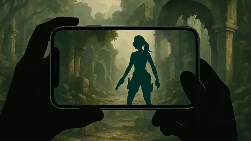 Лара Крофт из Tomb Raider на экране iPhone, демонстрируя геймплей мобильной версии.