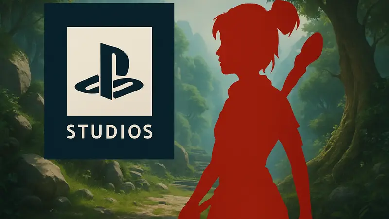 Героиня Kena из игры Kena: Bridge of Spirits на фоне логотипа Sony PlayStation Studios.