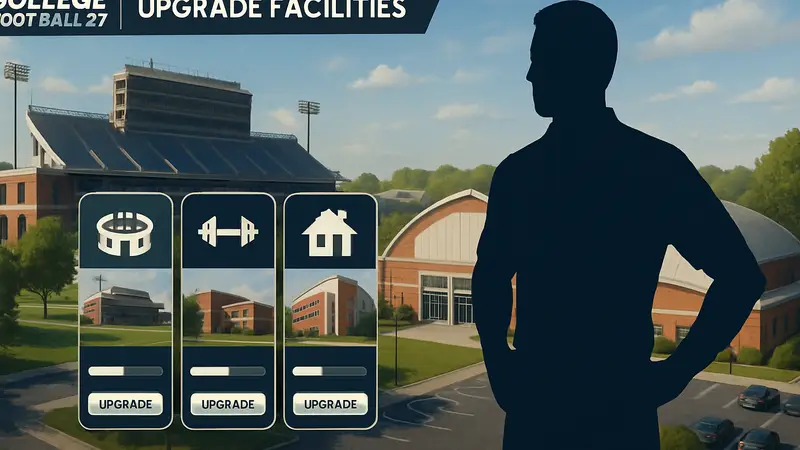 Скриншот из College Football 27, показывающий объекты стадиона или тренировочную базу, элементы интерфейса Dynasty