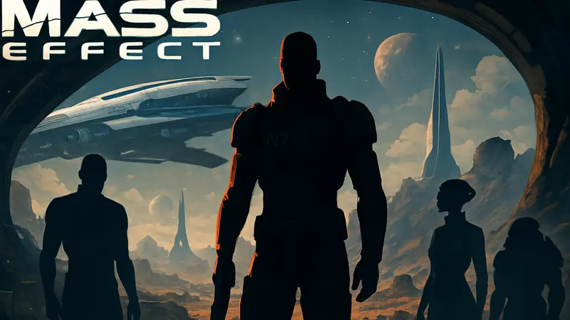 Логотип Mass Effect, кадр из сериала Amazon, командор Шепард, персонажи Mass Effect.