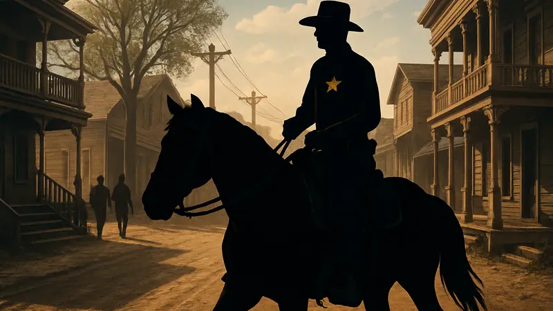 Шериф в форме верхом на лошади в Red Dead Redemption 2 с модом First Response, патрулирующий город.