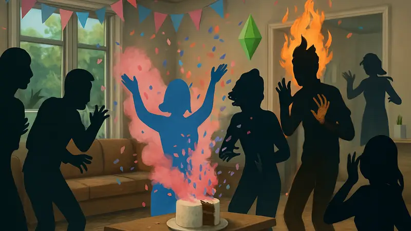 Персонажи Sims 4 на гендерной вечеринке, окруженные хаосом