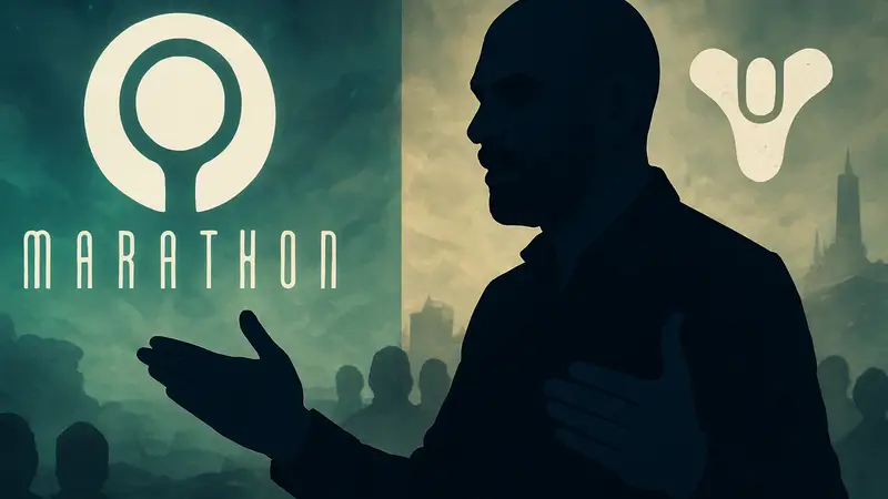 Элиас Туфексис на фоне логотипов игр Marathon и Destiny 2, говорящий о токсичности фанатов и призывающий голосовать кошельком.