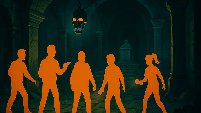 Скриншот из игры Tomb Busters с группой персонажей в мрачном подземелье, демонстрирующий хоррор-кооператив.