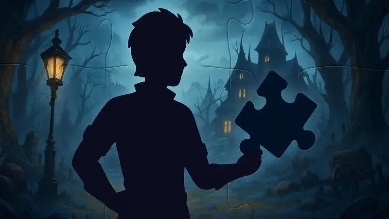 Игровой персонаж из Disney Dreamlight Valley на фоне локации «Мрачная Лощина» с элементами пазла.