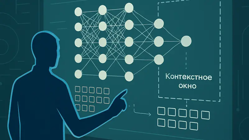 Схематическое изображение работы нейронной сети, показывающее процесс обработки токенов и контекстного окна в ИИ.