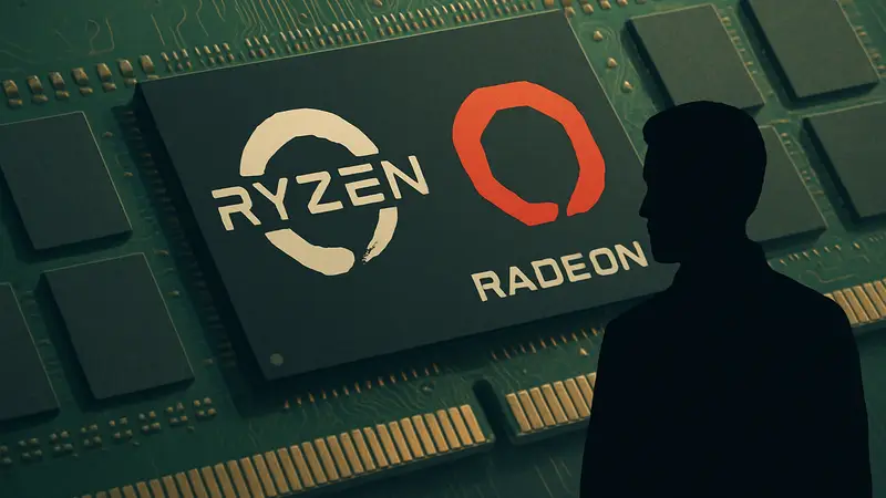Логотипы AMD Ryzen и Radeon, на фоне микросхемы оперативной памяти.