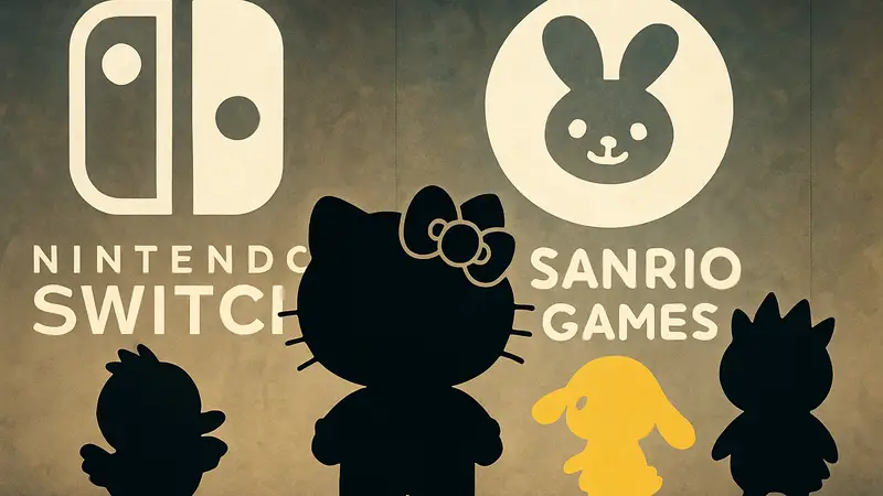 Персонажи Sanrio, такие как Hello Kitty, на фоне логотипов Nintendo Switch и Sanrio Games.