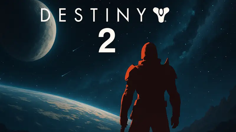 Логотип Destiny 2 на фоне космического пейзажа с персонажем-Стражем, конец обновлений.