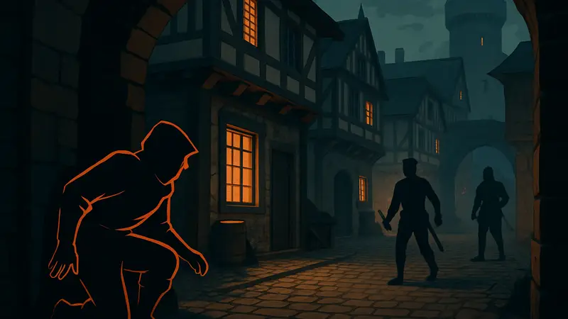 Игровой процесс Thick as Thieves: персонаж стелс-игры скрывается в тени от противников.