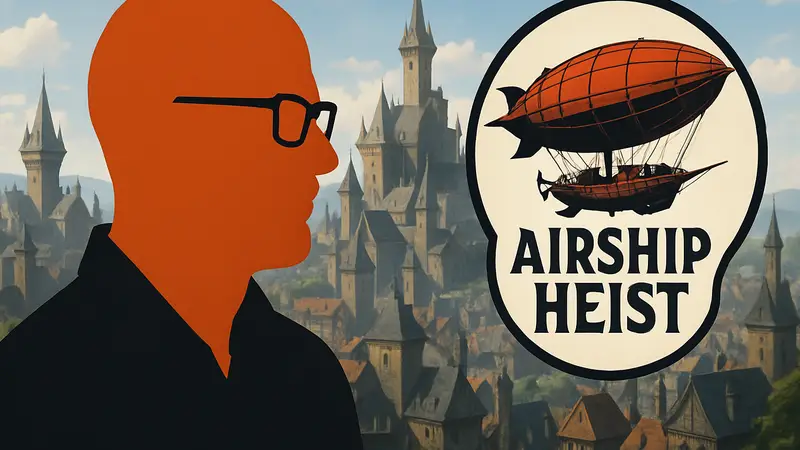 Дэвид Гейдер, создатель серии Dragon Age, и логотип его новой ролевой игры Airship Heist