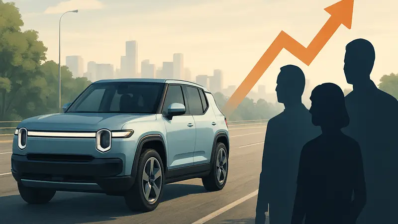 Электромобиль Rivian R2 на дороге, символизирующий увеличение продаж и производства.