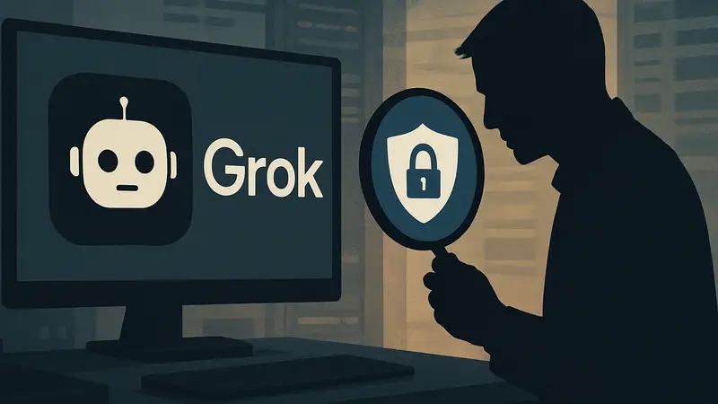 Логотип Grok и иконка VPN, символизирующие защиту данных и расследование ИИ.