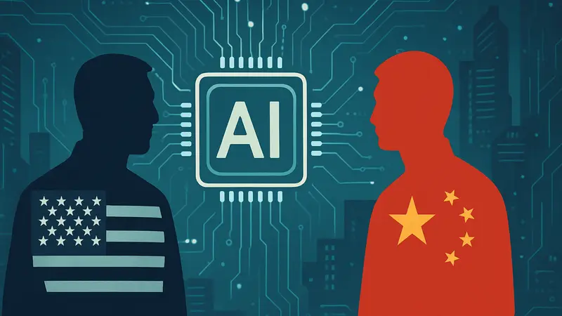 Схематичное изображение ИИ-систем или символы США и Китая на фоне технологического ландшафта.