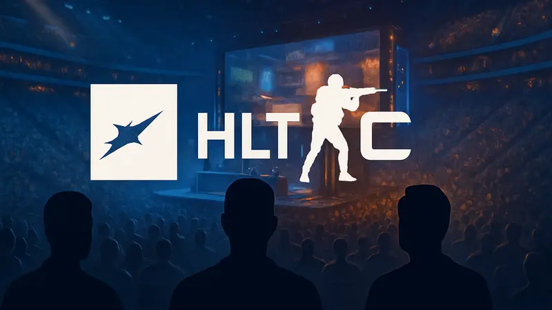 Логотип HLTV и символика Counter-Strike 2 на фоне киберспортивного матча