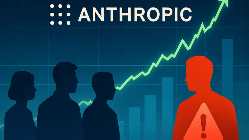 Логотип Anthropic на фоне графика роста акций, предупреждающий о рисках для инвесторов.
