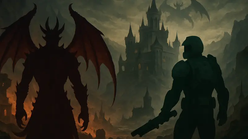 Изображение, демонстрирующее коллаборацию Diablo Immortal и Doom: The Dark Ages с элементами обеих игр