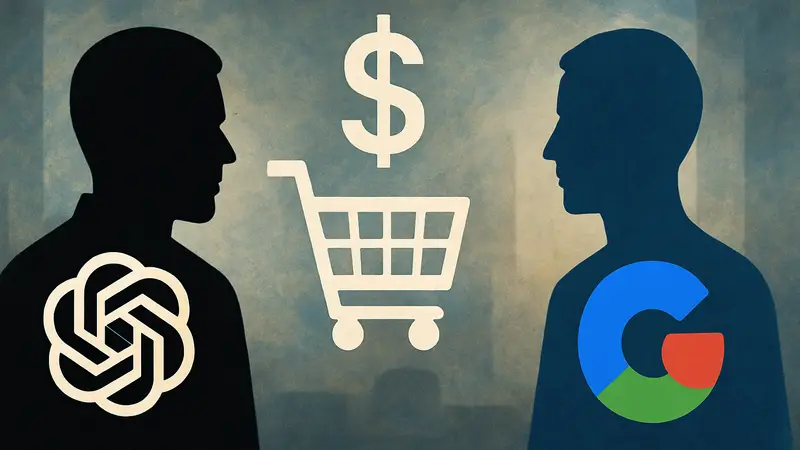 Логотипы ChatGPT и Google Gemini, между ними корзина для покупок или символ доллара