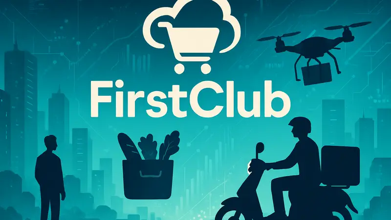 Логотип FirstClub на фоне футуристического изображения доставки продуктов, символизирующего рост и цифровые сервисы.
